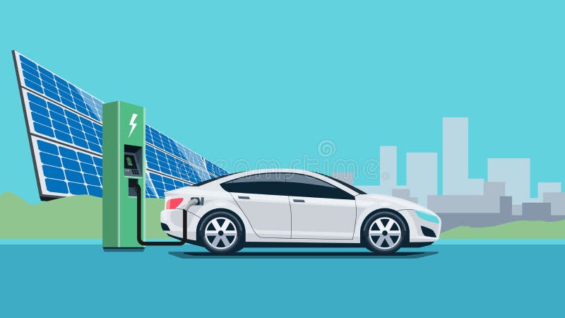 Flat vector illustration of a white electric car charging at the charger station in front of the solar panel plant. Electromobility e-motion concept with city skyline in the background. Blue feeling. Flat vector illustration of a white electric car charging at the charger station in front of the solar panel plant. Electromobility e-motion concept with city skyline in the background. Blue feeling.