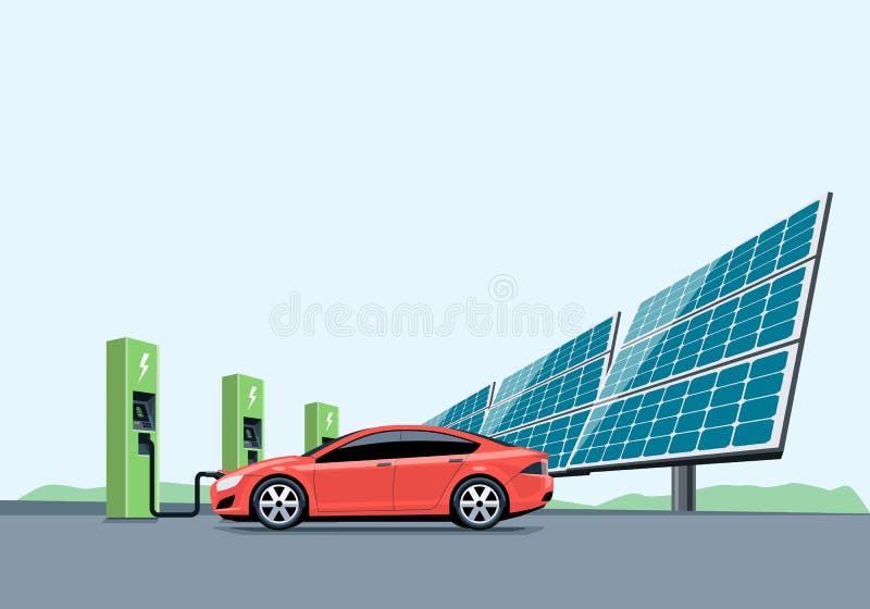 Flat vector illustration of a red electric car charging at the charger station in front of the solar panel plant. Electromobility e-motion concept. Flat vector illustration of a red electric car charging at the charger station in front of the solar panel plant. Electromobility e-motion concept.