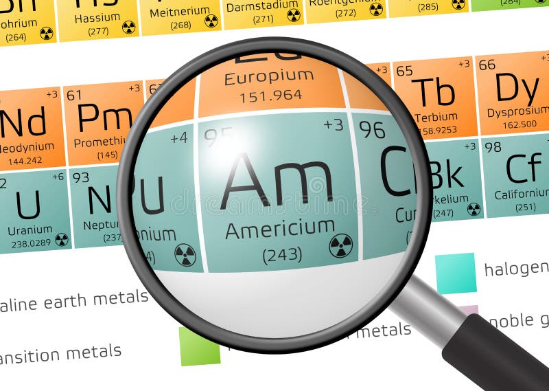 Element of Americium with magnifying glass stock illustration