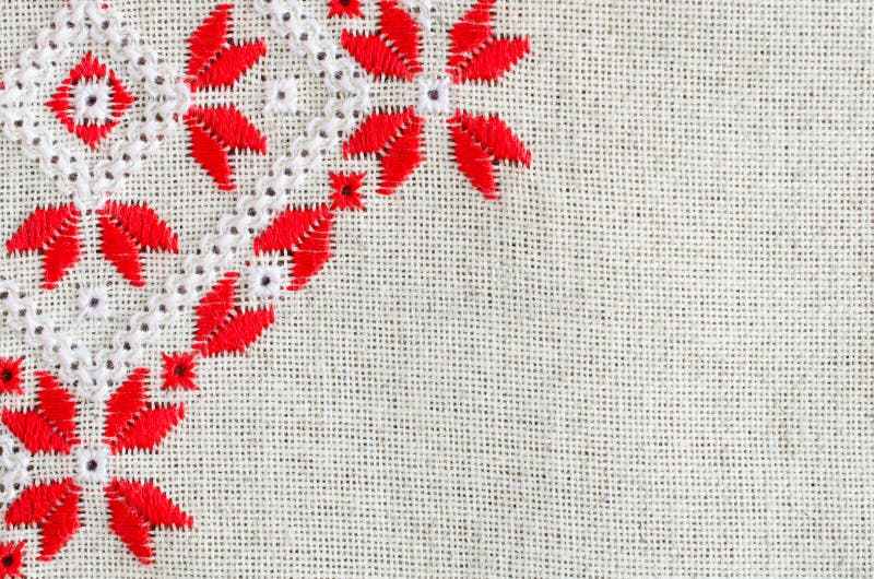 Element Handmade Embroidery on Linen by Red and White Cotton Threads