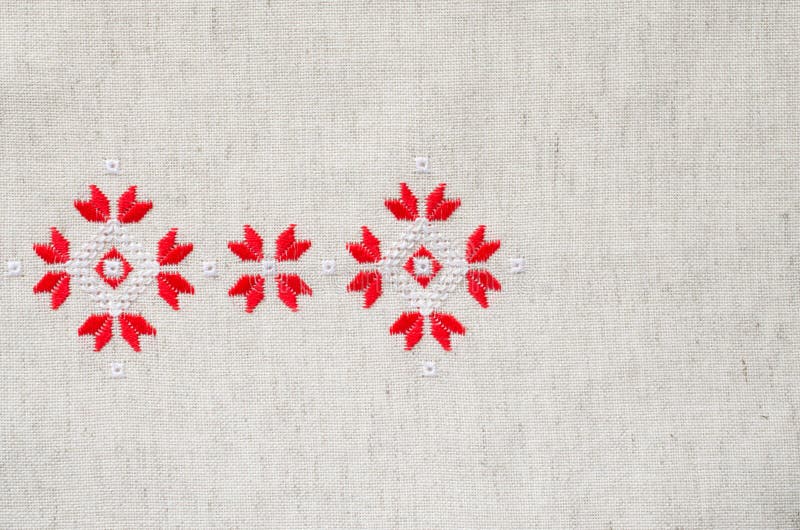 Element Handmade Embroidery on Linen by Red and White Cotton Threads