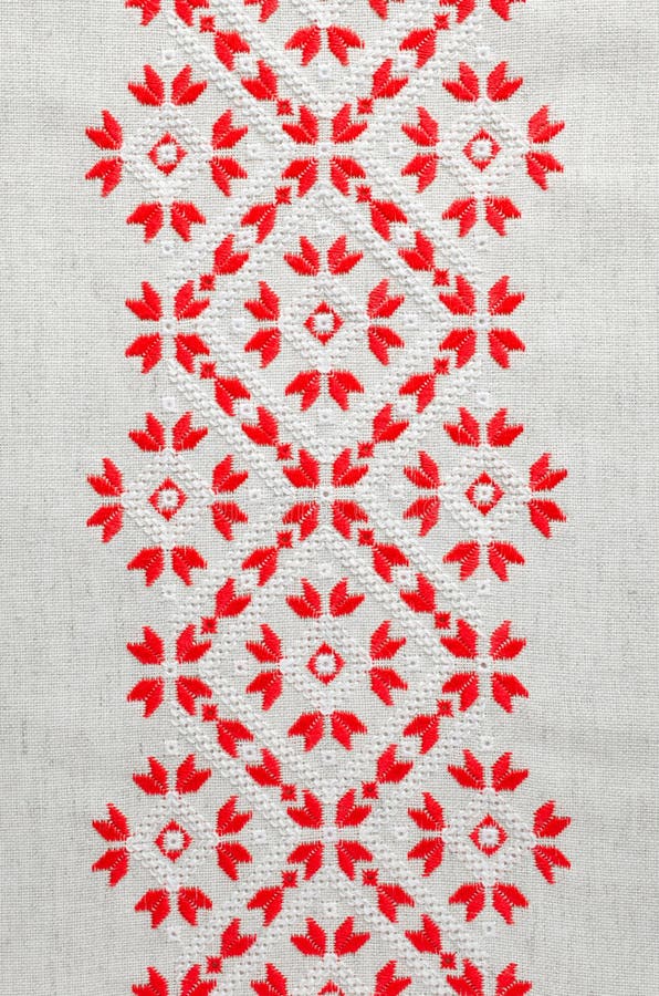 Element Handmade Embroidery by Red and White Cotton Threads. Vintage Texture Design. Stock Image