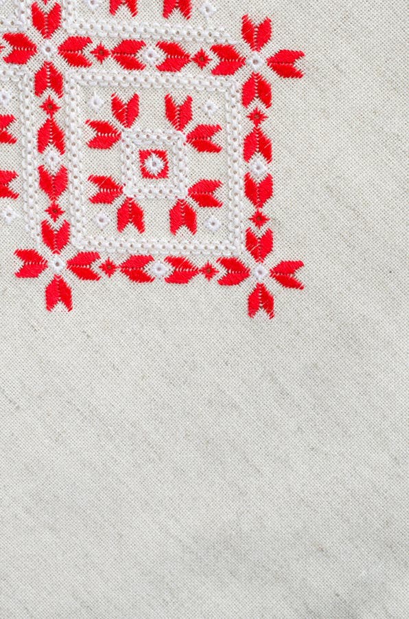 Element Handmade Embroidery by Red and White Cotton Threads. Vintage Texture Design. Stock Image