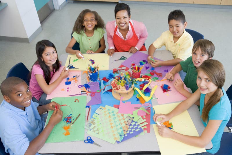 Elementary school art class viewed from above