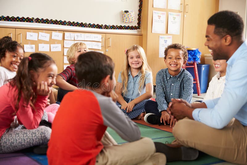 Elementary school kids and teacher sit cross legged on floor