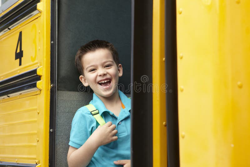 Elementary School Pupil Boarding Bus Stock Image Image of child
