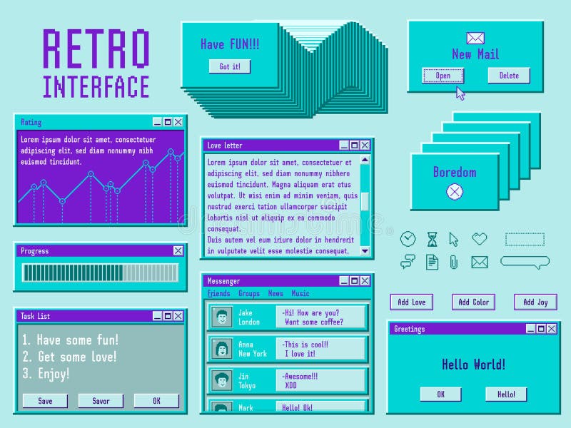 Elemente ale interfeței retroactive. desktop pentru utilizator PC fereastră vintage. șablon software digital 90s vechi Trendy Cybe stock illustration