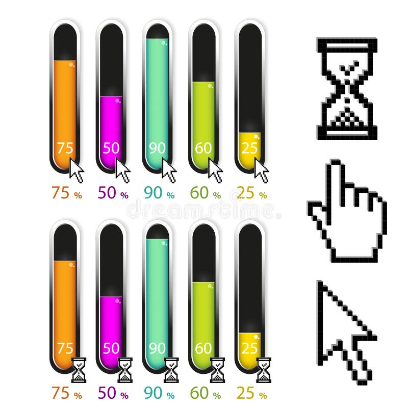 Elemente în diagrama grafică cu cursoare pixeli ale săgeții și cursorului din clepsidră sau cu grafic simplu colorat procentual cu royalty free illustration