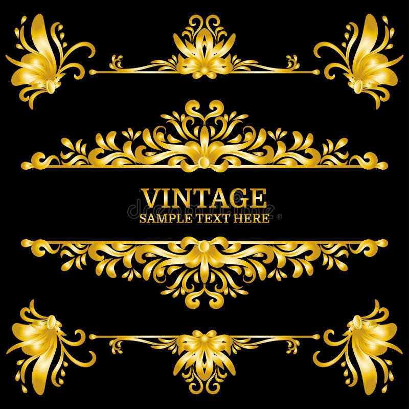 Elementen van kleuren de Gouden Uitstekende Decoratie Bloeit Kalligrafische Ornamenten en Kaders Retro stijl vector illustratie Elementen van kleuren de Gouden Uitstekende Decoratie Bloeit Kalligrafische Ornamenten en Kaders Retro stijl vector illustratie