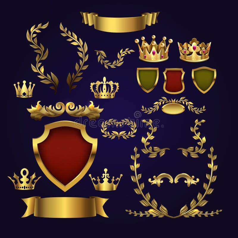 Elementi araldici di vettore dorato Corone di re, corona dell'alloro e schermo reale per le etichette 3d ed i distintivi royalty illustrazione gratis Elementi araldici di vettore dorato Corone di re, corona dell'alloro e schermo reale per le etichette 3d ed i distintivi royalty illustrazione gratis