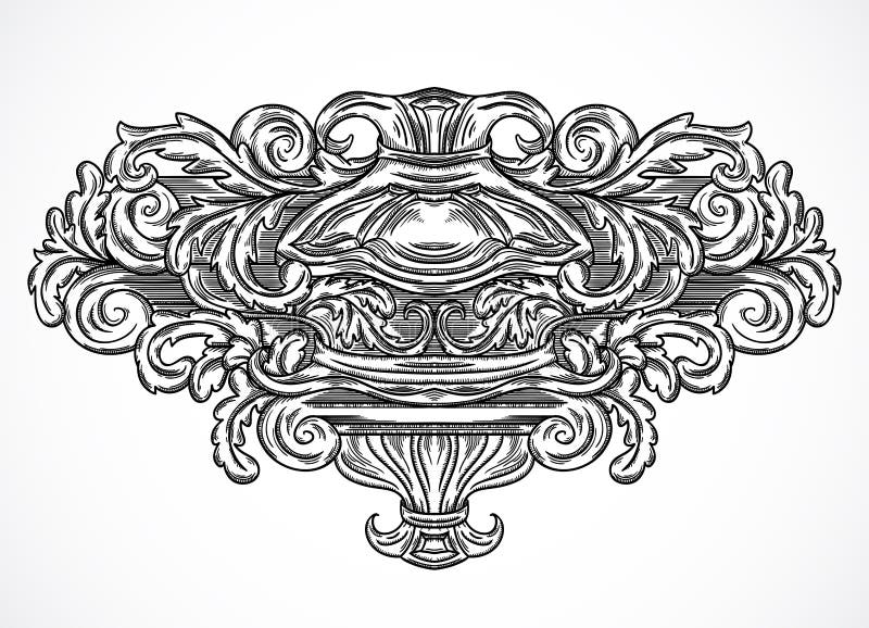 Elementi architettonici d'annata di progettazione di dettagli Cartiglio classico barrocco antico di stile nello stile dell'incisi illustrazione vettoriale