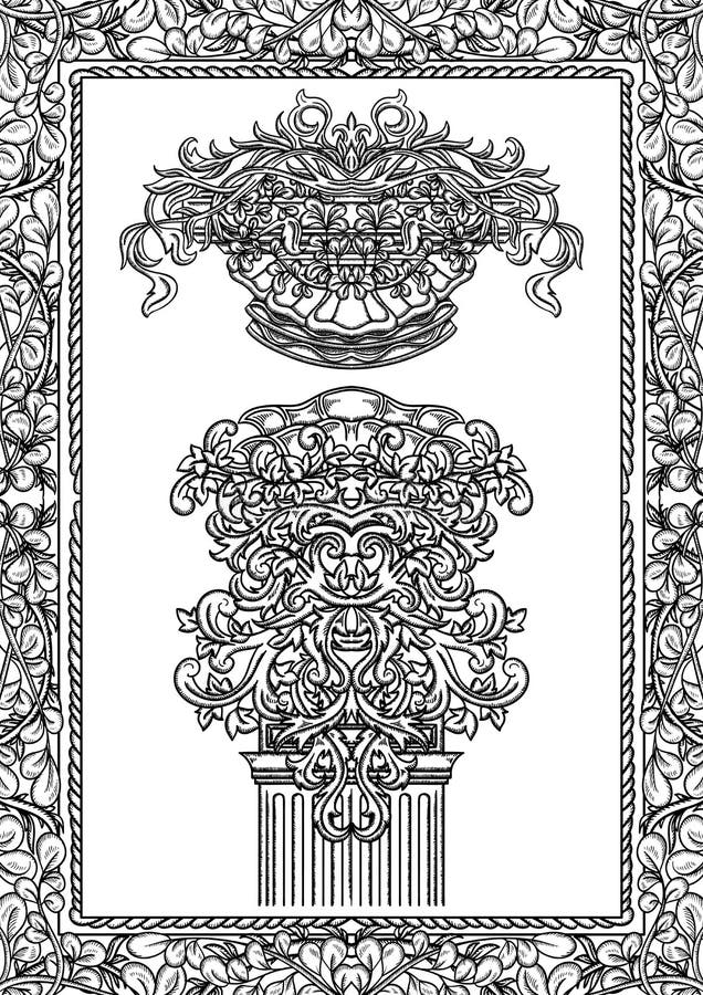 Elementi architettonici d'annata di progettazione di dettagli Colonna, cartiglio e confine classici barrocco antichi di stile royalty illustrazione gratis