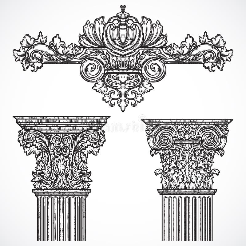 Elementi architettonici d'annata di progettazione di dettagli Colonna e cartiglio classici barrocco antichi di stile royalty illustrazione gratis