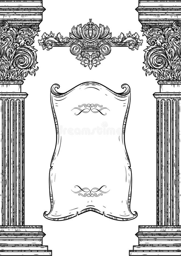 Elementi architettonici d'annata di progettazione di dettagli Colonna e cartiglio classici barrocco antichi di stile royalty illustrazione gratis