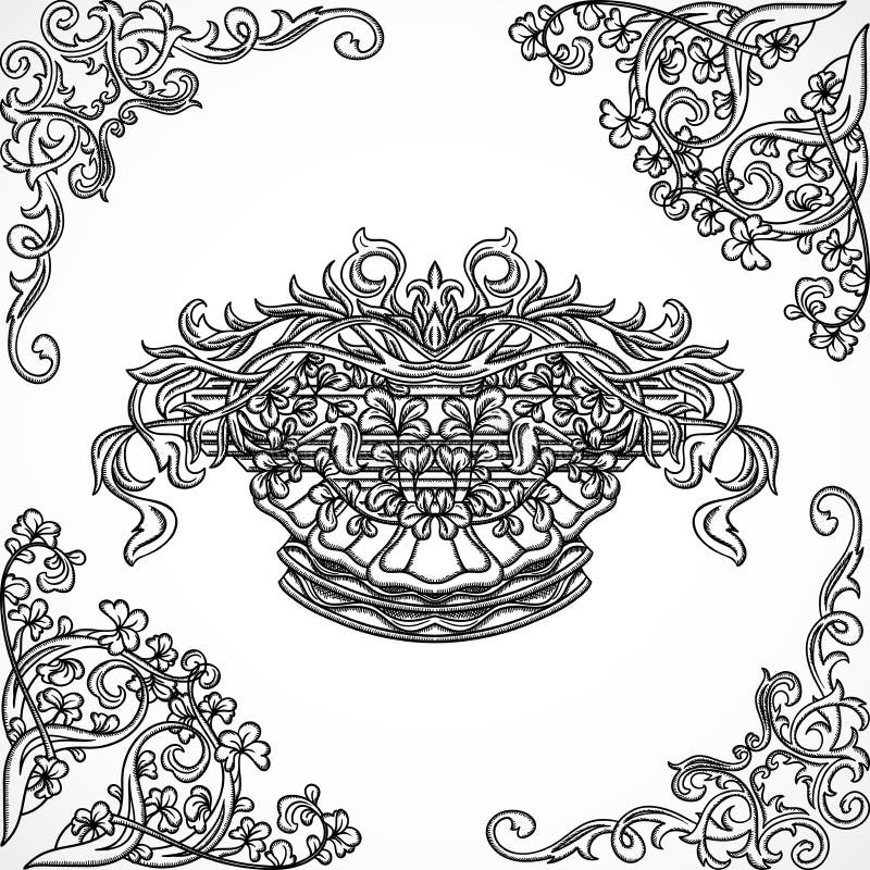 Elementi architettonici d'annata di progettazione di dettagli Confine e cartiglio classici barrocco antichi di stile nello stile illustrazione di stock