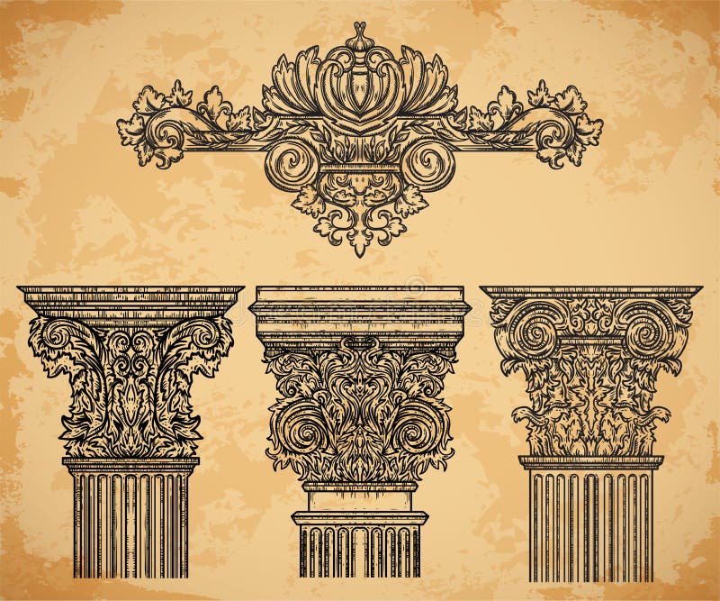 Elementi architettonici d'annata di progettazione di dettagli su fondo di carta invecchiato illustrazione di stock