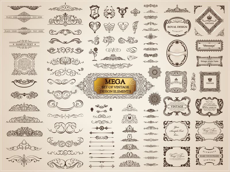 Elementi d'annata calligrafici Insieme di barocco di vettore Icone di progettazione