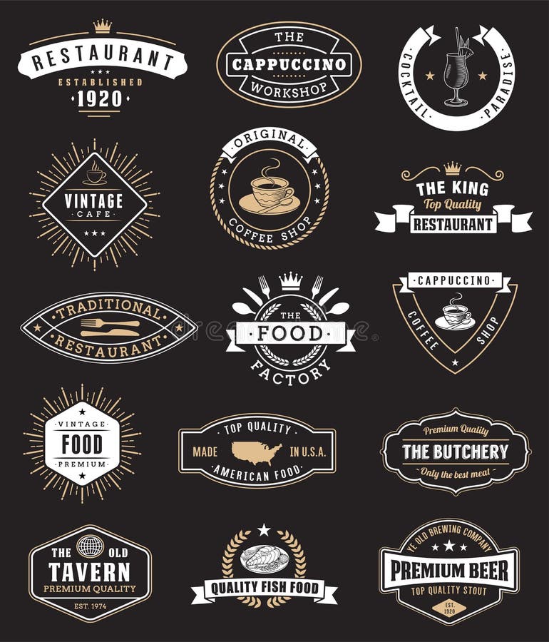 Elementi d'annata di progettazione dell'alimento, logos, distintivi illustrazione di stock Elementi d'annata di progettazione dell'alimento, logos, distintivi illustrazione di stock