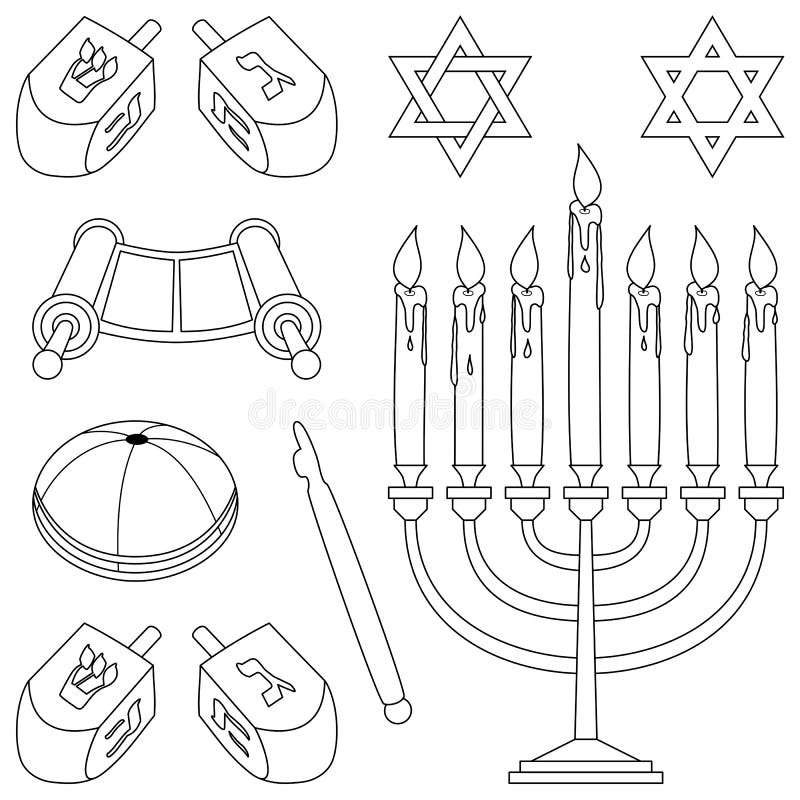 A collection of Jewish elements and symbols (star of David, menorah, kippa, pointer, Torah scroll and dreidels), black and white version. Useful also for educational or colouring books for kids. You can find other b/w illustrations in my portfolio. Eps file available. A collection of Jewish elements and symbols (star of David, menorah, kippa, pointer, Torah scroll and dreidels), black and white version. Useful also for educational or colouring books for kids. You can find other b/w illustrations in my portfolio. Eps file available.