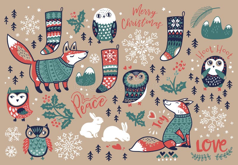 Elementi disegnati a mano di Buon Natale nello stile del fumetto Illustrazione di vettore illustrazione di stock Elementi disegnati a mano di Buon Natale nello stile del fumetto Illustrazione di vettore illustrazione di stock