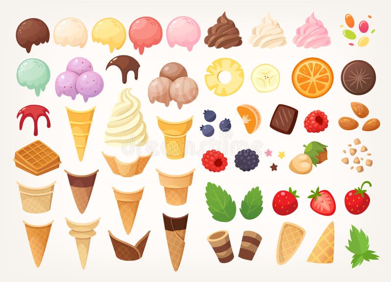 Elementi per creare il vostro proprio gelato Coni, tazze, mestoli e guarnizioni del ghiaccio Elementi per creare il vostro proprio gelato Coni, tazze, mestoli e guarnizioni del ghiaccio