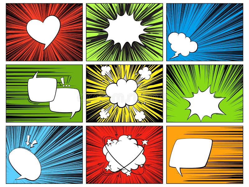 Elementi radiali di discorso Forme comiche del fumetto per i dialoghi che pensano e che parlano sulla linea orizzontale variopint royalty illustrazione gratis Elementi radiali di discorso Forme comiche del fumetto per i dialoghi che pensano e che parlano sulla linea orizzontale variopint royalty illustrazione gratis