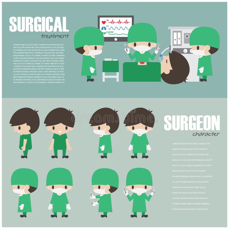 Surgical infographics element and set of surgeon cartoon character . Vector . Surgical infographics element and set of surgeon cartoon character . Vector .