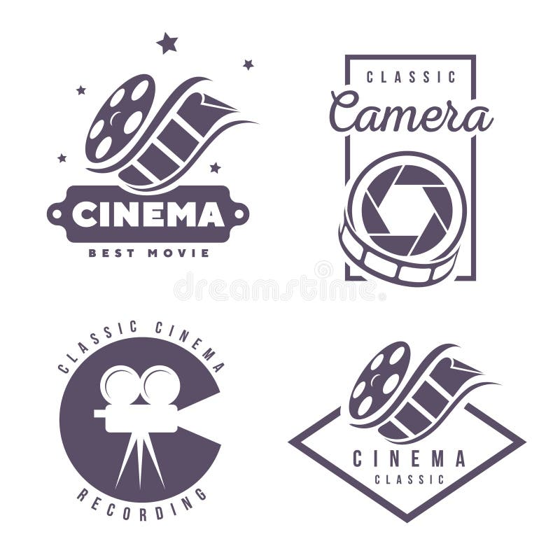 Elemento di progettazione di logo dell'emblema delle etichette del cinema isolato su fondo bianco illustrazione di stock Elemento di progettazione di logo dell'emblema delle etichette del cinema isolato su fondo bianco illustrazione di stock