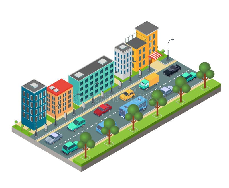 Elemento isométrico del camino de ciudad con los edificios y los coches en el atasco aislado en el fondo blanco ilustración del vector Elemento isométrico del camino de ciudad con los edificios y los coches en el atasco aislado en el fondo blanco ilustración del vector