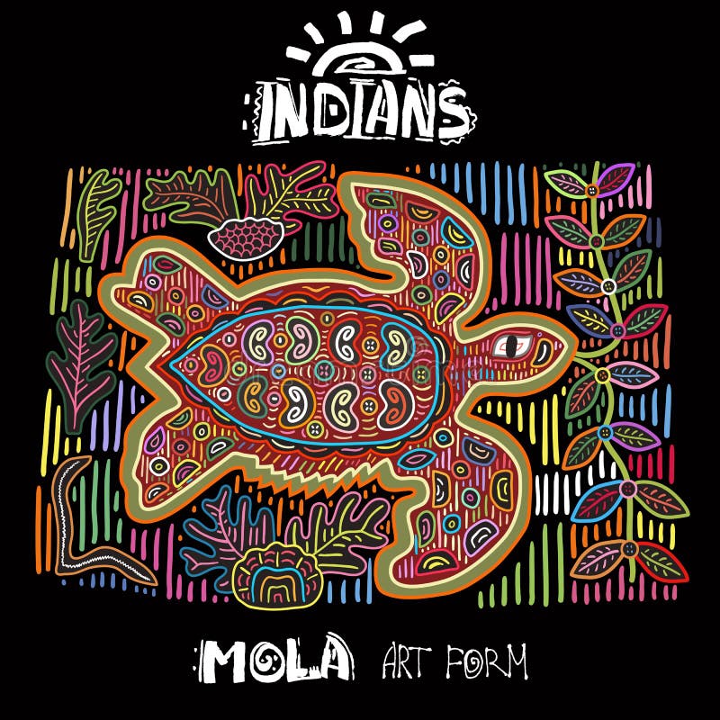 Elemento étnico del diseño del vector indios MOLA Art Form Mola Style Turtle Ejemplo decorativo brillante de Ethno