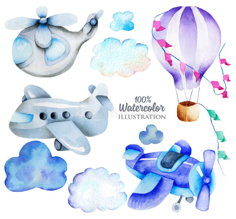 Elementos avião do transporte aéreo da aquarela, helicóptero, coleção quente do balão, ilustração para crianças ilustração royalty free Elementos avião do transporte aéreo da aquarela, helicóptero, coleção quente do balão, ilustração para crianças ilustração royalty free