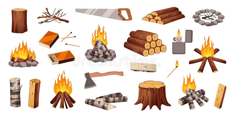 Elementos de campana de madera. fósforos de madera y ramas secas para la hoguera de encendido objetos aislados al aire libre stock de ilustración