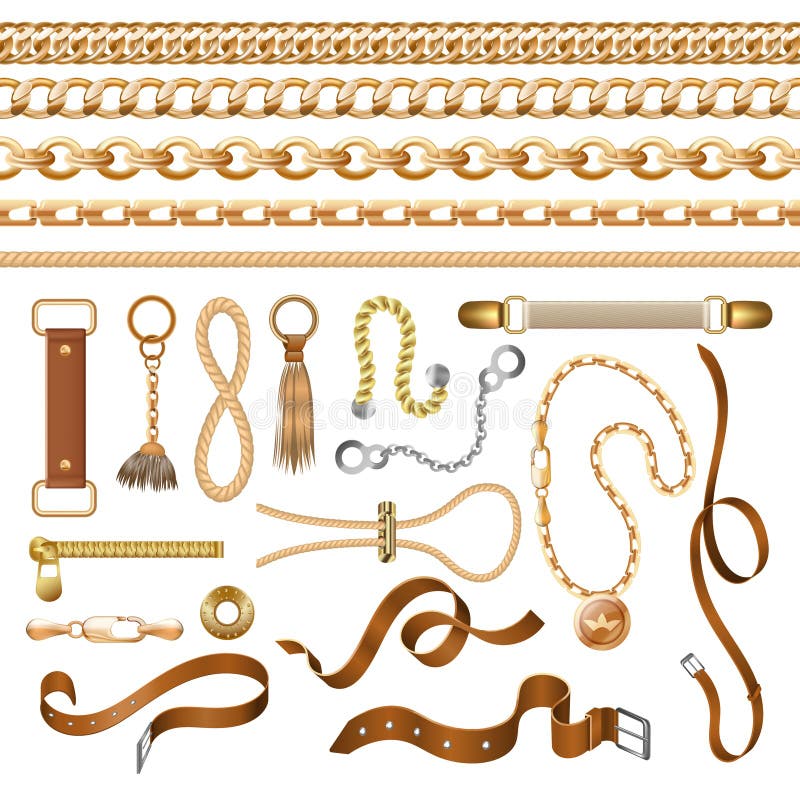 Elementos de la cadena y de la correa Correa de cuero y muebles, elementos ornamentales de la trenza de oro de la moda Pulseras b libre illustration Elementos de la cadena y de la correa Correa de cuero y muebles, elementos ornamentales de la trenza de oro de la moda Pulseras b libre illustration
