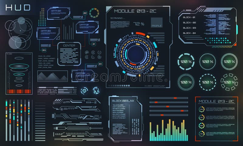 Elementos determinados de HUD y de UI, interfaz de usuario de Sci Fi, tecnología y diseño futuristas de la ciencia Elementos determinados de HUD y de UI, interfaz de usuario de Sci Fi, tecnología y diseño futuristas de la ciencia