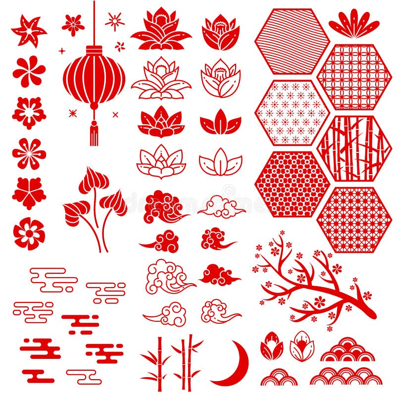 Chinese and japanese new year elements. Festive oriental asian style. Red cloud, flowers and moon, bamboo and sakura, lotus leaves vector traditional decoration pattern collection. Chinese and japanese new year elements. Festive oriental asian style. Red cloud, flowers and moon, bamboo and sakura, lotus leaves vector traditional decoration pattern collection