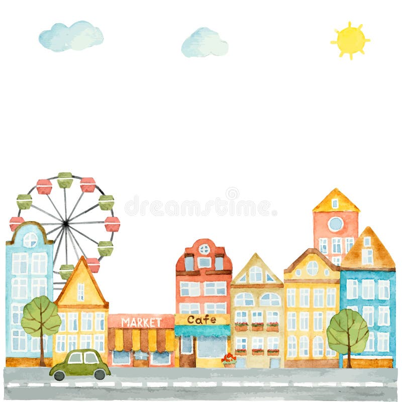 Watercolor elements of urban design, houses, cars, vector illustration. Watercolor elements of urban design, houses, cars, vector illustration.