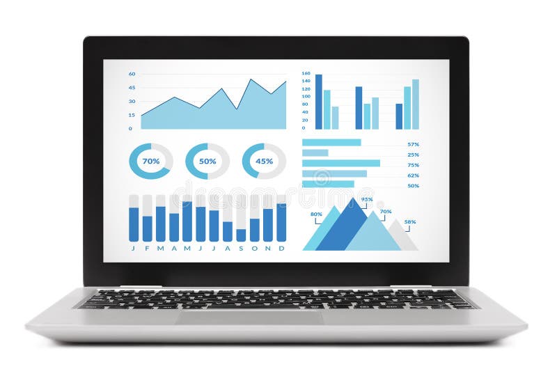 Graphs and charts elements on laptop computer screen. Isolated on white background. All screen content is designed by me. Graphs and charts elements on laptop computer screen. Isolated on white background. All screen content is designed by me.