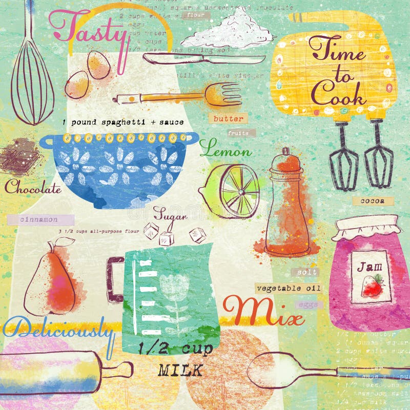 Elementos elegantes del diseño: bifurcación, cuchara, cuenco, mezclador, limón, cuchillo y otros Fondo del alimento stock de ilustración Elementos elegantes del diseño: bifurcación, cuchara, cuenco, mezclador, limón, cuchillo y otros Fondo del alimento stock de ilustración
