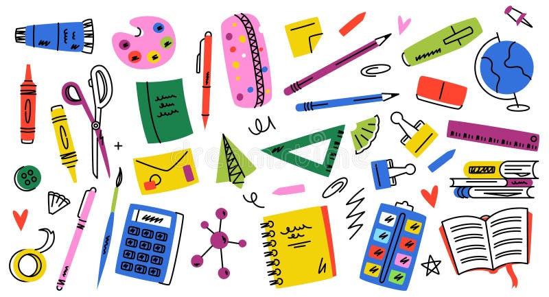 Elementos escolares bonitos. Suprimentos de porta e cartoon de papelaria ícones coloridos lápis de lápis chato infantil ilustração stock