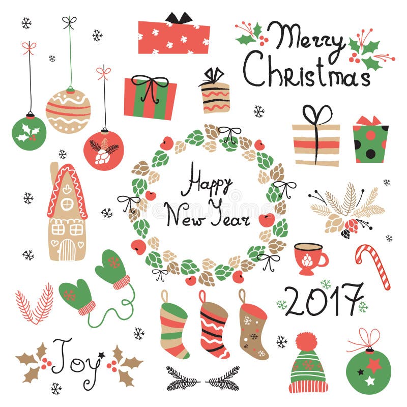 Elementos gráficos ajustados do Natal com grinalda, bolo, casa de pão-de-espécie, mitenes, brinquedos, presentes e peúgas ilustração stock Elementos gráficos ajustados do Natal com grinalda, bolo, casa de pão-de-espécie, mitenes, brinquedos, presentes e peúgas ilustração stock