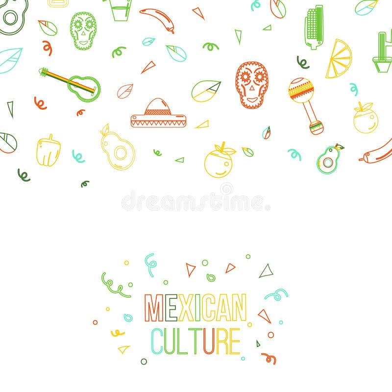 Elementos mexicanos do projeto da bandeira da cultura Sombreiro e maracas, guitarra mexicana, garrafa do tequila, logotipo do tac ilustração stock Elementos mexicanos do projeto da bandeira da cultura Sombreiro e maracas, guitarra mexicana, garrafa do tequila, logotipo do tac ilustração stock