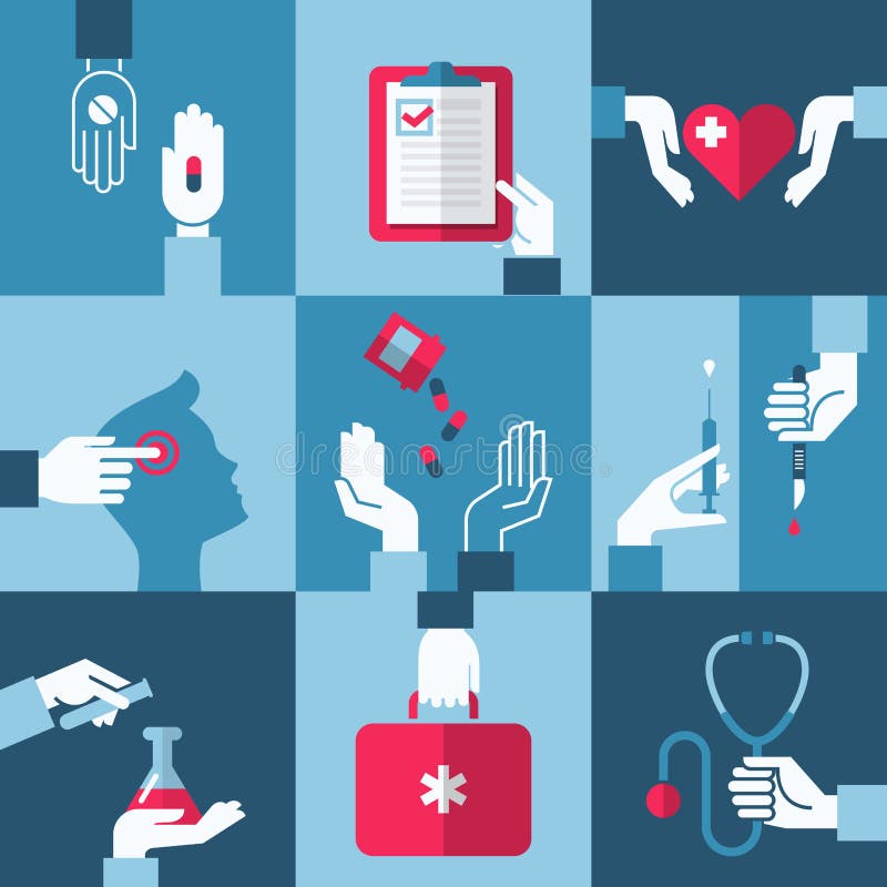 Elementos médicos y de la atención sanitaria del diseño. Ejemplo del vector stock de ilustración Elementos médicos y de la atención sanitaria del diseño. Ejemplo del vector stock de ilustración