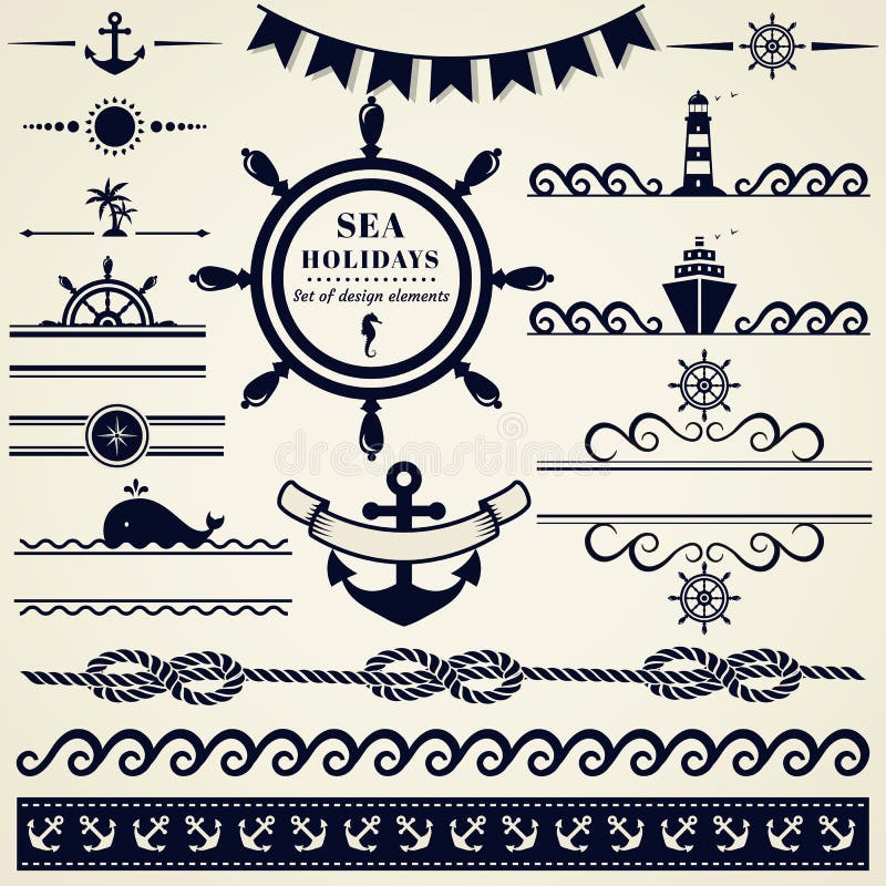 Elementos náuticos y del mar del diseño Sistema del vector stock de ilustración Elementos náuticos y del mar del diseño Sistema del vector stock de ilustración