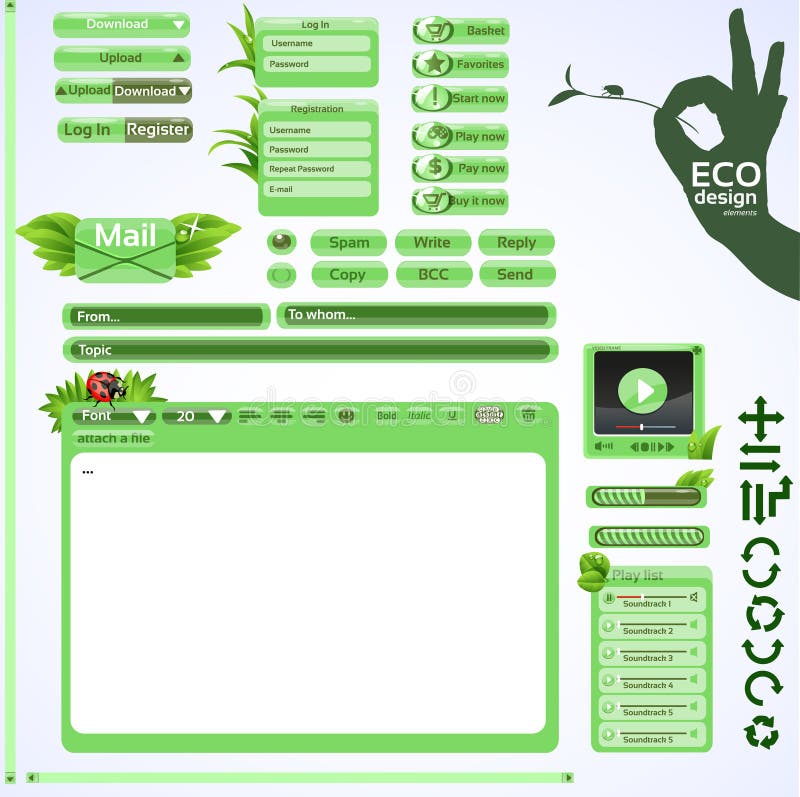 Elementos para o projeto de Web amigável do eco. Jogo do verde ilustração do vetor Elementos para o projeto de Web amigável do eco. Jogo do verde ilustração do vetor