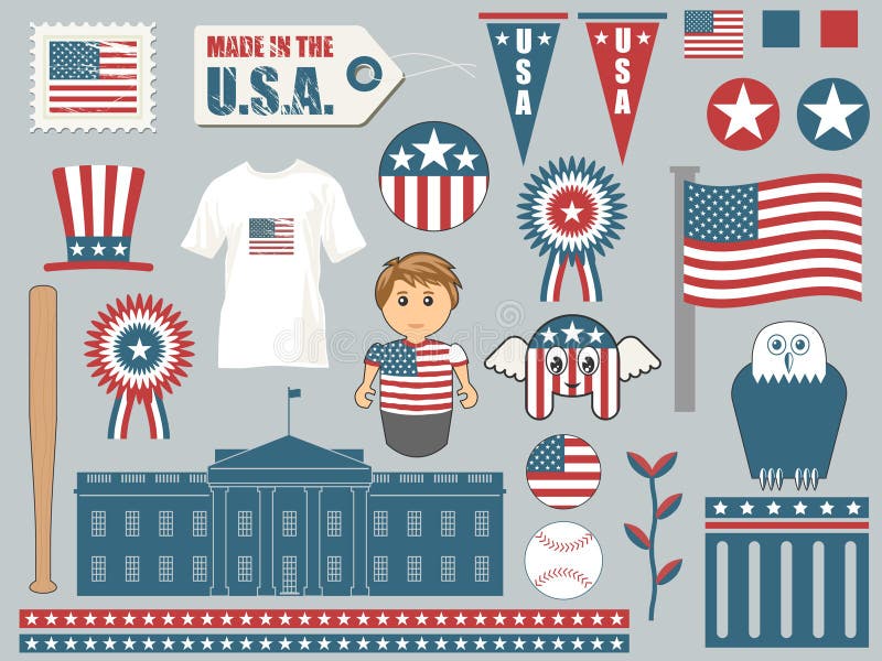 A collection of american themed objects including flags, banners, buttons, stars and stripes and the white house. Slogan icon vectors