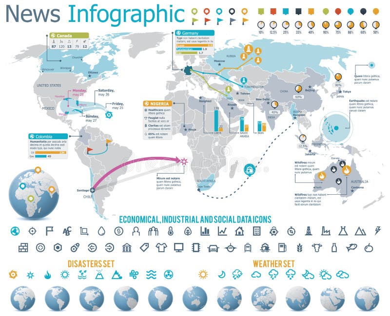 Set di mappe, mappamondi, e gli elementi per l'notizie relative infografica.