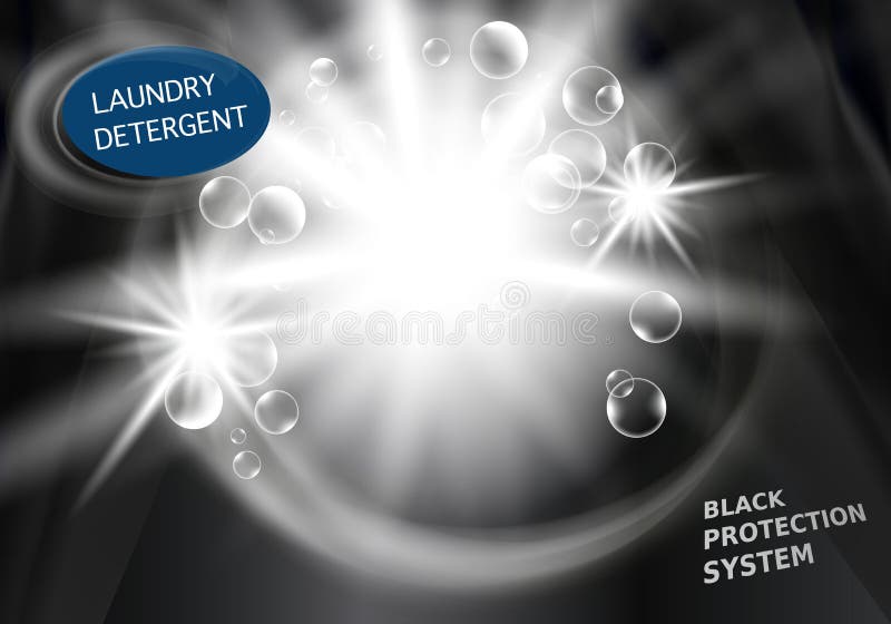 Elements Package design for laundry detergent and liquid detergents for black and dark fabric with soap bubbles. Shine background. Vector illustration
