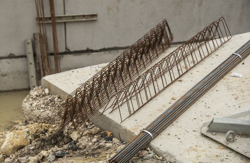 Elements of Reinforcing Steel at a Construction Site Stock Image