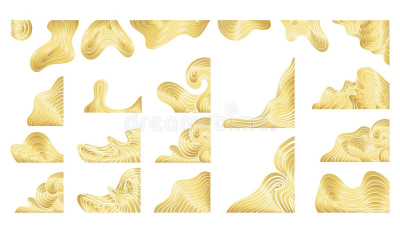 Elementy projektu izolowanego zestawu wektorowych krawędzi narożnika falistego Gold. Luksusowe eleganckie dekoracyjne kształty abs ilustracji
