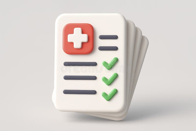 Elenco di controllo medico generato AIG. Questa immagine sottoposta a rendering 3D mostra una checklist medica generata da AI con un simbolo rosso più e segni di spunta verdi che simboleggiano attività completate o procedure mediche. È un design moderno e pulito ideale per applicazioni o siti Web per il settore sanitario.